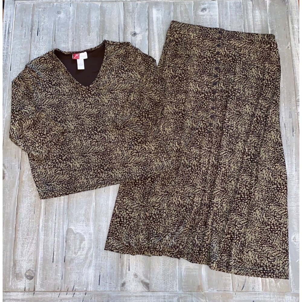 JM Collection Skirt Set Womens Large Brown Tan‎ Pattern Slit Elastic Waist Boho